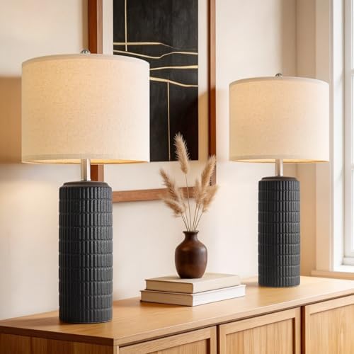 PoKat 27.5'' Tall Table Lamps Set of 2 for Living Room, Matte-Textured Farmhouse Ceramic Bedside Lamps for Bedroom, Modern Nightstand Lamps for Office Sideboard Hallway Home Decor, Matte Black by Pokat