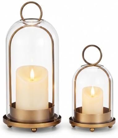 Brass Candle Holder Set of 2, Hurricane Glass Candle Holders with Flameless Candles, Glass Dome Candle Holder for Wedding, Holiday, Fireplace and Table Decor by Unknown