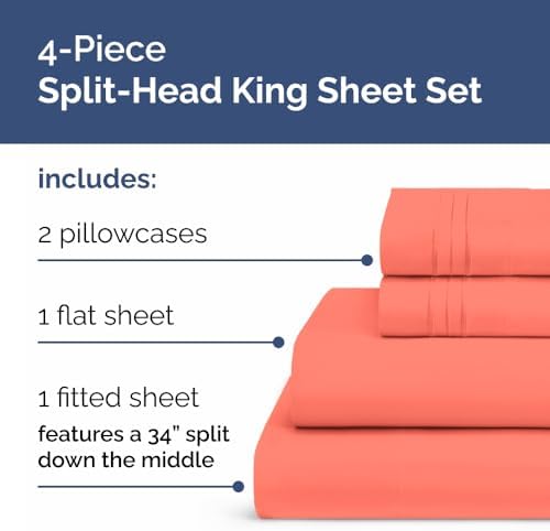 Flex Top Split Head King 4 Piece Sheet Set - Ultra-Soft, Breathable - Coral - Image 3
