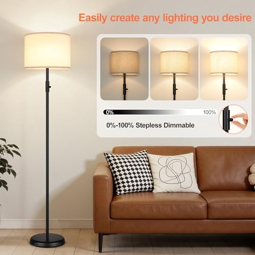 【Upgraded】 Dimmable Floor Lamp for Living Room,1000 Lumens Bulb Included, Modern Floor Lamps Simple Design with Linen Shade, Tall Standing Lamp for Bedroom Office Dining Room, Black Pole Lamp - Image 3