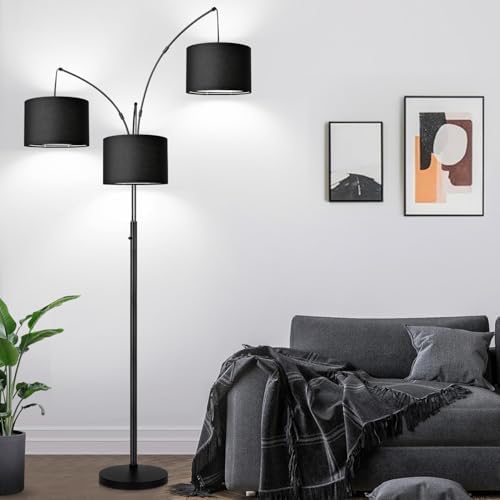Dimmable Floor Lamp - 3 Lights Arc Floor Lamps for Living Room, 1000LM Modern Tall Standing Lamp With Black Shades & Heavy Base, Mid Century Tree Floor Lamp for Bedroom Office, 3 LED Bulbs Included by Nintiue