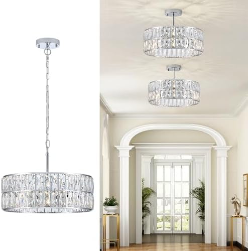 CATINER Chrome Crystal Chandelier 18" 6-Light Modern Semi Flush Pendant by CATINER