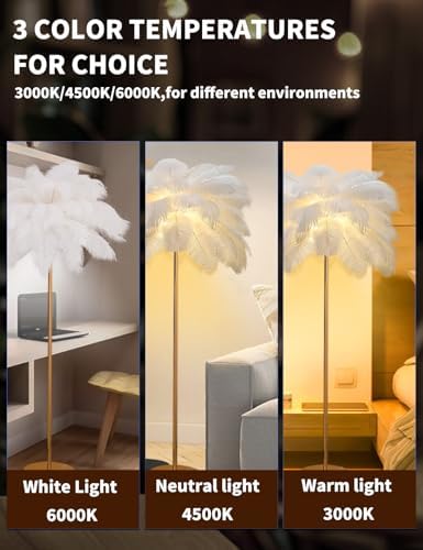 Feather Floor Lamp,Fluffy Ostrich Feather Floor Lamp for Bedroom,3 Color Temperatures Led Corner Modern Floor Lamps for Living Room Christmas Home Decor House Warming Gifts,63″ Height (White) - Image 3