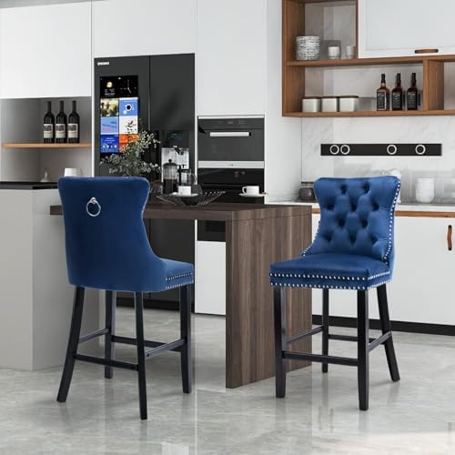 SoarFlash Modern Velvet Upholstered Bar Stools Set of 2 with Wood Legs, Button Tufted,Chrome Nailhead, Counterstool Seat, Armless Bar Chairs (Blue) - Image 6