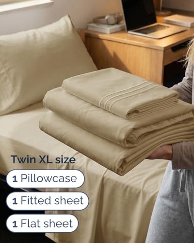 Twin XL 3 Piece Sheet Set - College Dorm Room Essentials - Beige - Image 3