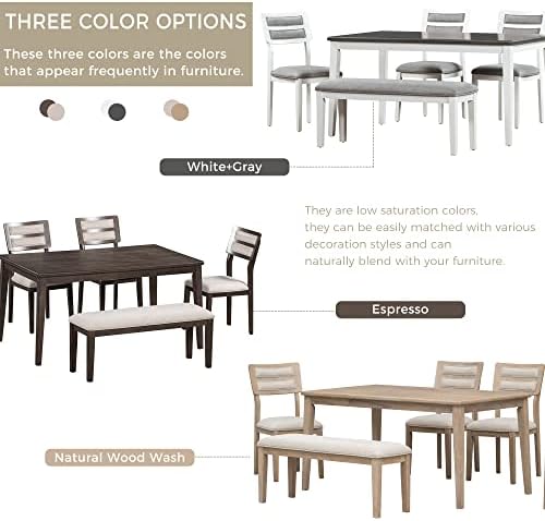 Harper & Bright Designs Kitchen Dining Table Set for 6, Classic and Traditional Style 6 - Piece Dining Set, Includes Dining Table, 4 Upholstered Chairs & Bench (Natural Wood Wash) - Image 5