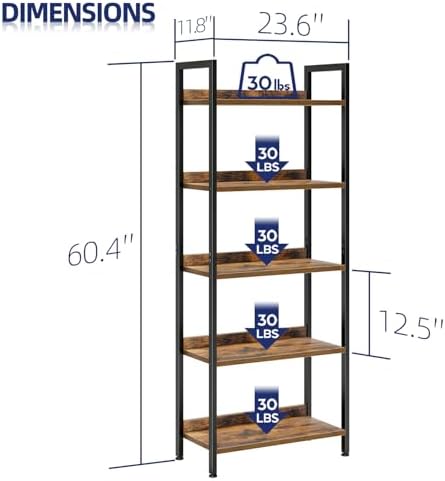 NUMENN Bookshelf, 5 Tier Freestanding Shelving Unit, Vintage - Image 3