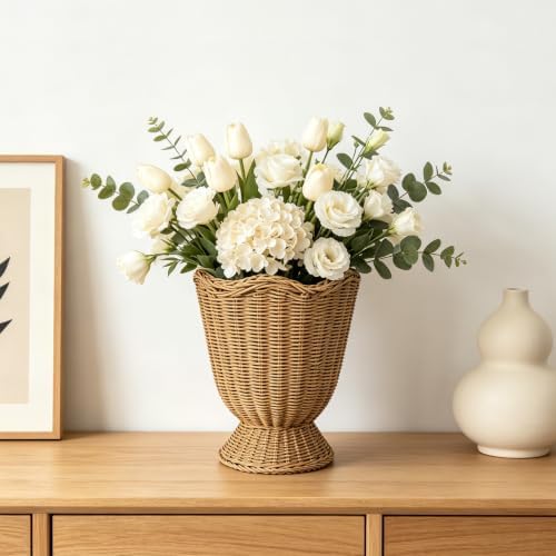 Rattan Planter, Woven Planter Basket for Plants Indoor Outdoor, Rattan Flower Pot, Decorative Plant Holder Basket for Garden Patio Boho Home Decor (Orange&Scalloped-Small:11.81" H x 9.84" W) - Image 4
