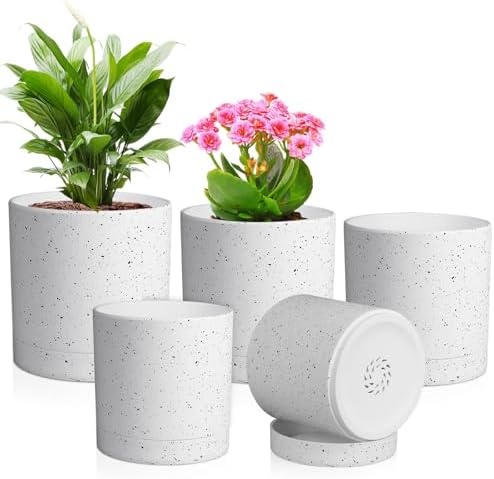 Meowell 7/6.5/6/5/4 inch Plant Pots, 5 Pack Cylinder Flower Pots for Small Indoor Outdoor Plants, Plastic Planters with Drainage Holes and Saucers for Garden Succulent House Plants, Speckled White by Meowell