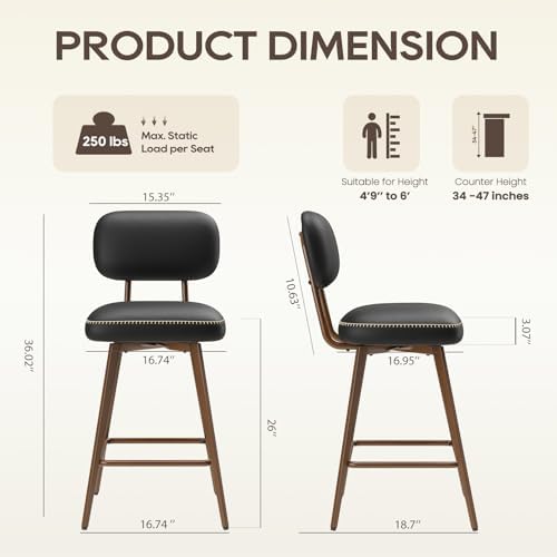MALOL 26“ Swivel Bar Stools Set of 2, Mid Century PU Leather Counter Height Bar Chairs with Low Back and Metal Legs, Modern Bar Stool Chair for Kitchen Island, Black - Image 2