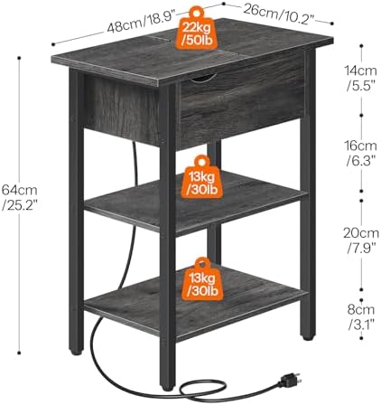HOOBRO End Table with Charging Station, Narrow Side Table, Flip Top Nightstand with USB Ports and Outlets, Bedside Tables with Shelf for Small Spaces, Living Room, Charcoal Black BC341BZ01 - Image 3