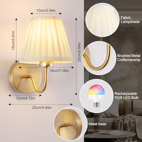 Vintage Battery Operated Wall Sconces Set of 2, Pleated Fabric Shade Gold Wall Lamp with Remote Control, Cordless Rechargeable Wall Sconces Fixtures for Bedroom, Living Room, Beside (2 Bulbs Included) - Image 2