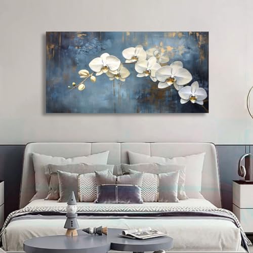 Abstract White Butterfly Orchid Canvas Wall Art for Living room Office Bedroom Flowers Wall Art Print Oil Paintings Modern Blue Gold Rain Mist Pictures Wall Decor Artwork Ready to Hang - 28in * 57inch - Image 3