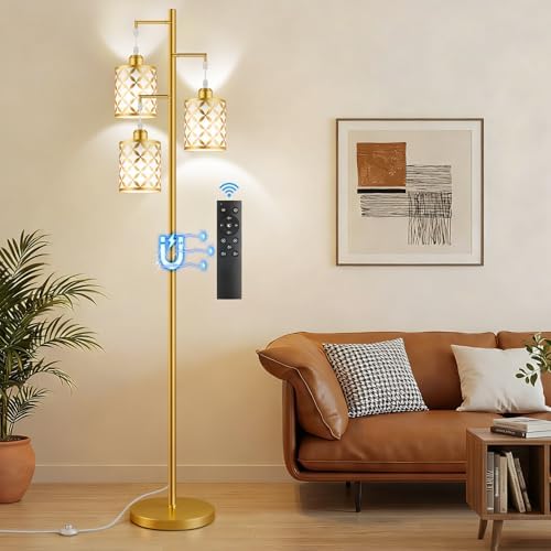 72" Dimmable Floor Lamp with Remote & Timer, Modern Industrial Standing Lamp for Living Room Bedroom, 3 Individually Controlled Heads, 2 Height Options, 3 x 1100LM LED Bulbs Included - Gold by GHOOCEMLUX