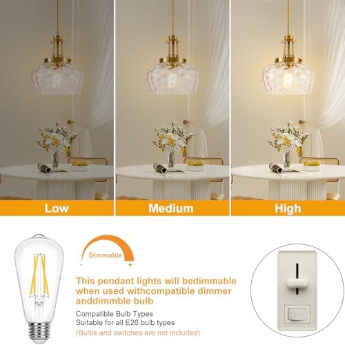 Modern Pendant Lights Kitchen Island, Brushed Gold Pendant Light Fixtures with 10" Clear Hammered Glass Shade, Industrial Hanging Pendant Lights Fixture for Kitchen Island Dining Room Bedroom Entryway - Image 6