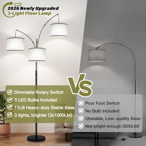 Dimmable Floor Lamp - 3 Lights Arc Floor Lamps for Living Room, 1000LM Modern Tall Standing Lamp With Gray Shades & Heavy Base, Mid Century Tree Floor Lamp for Bedroom Office, 3 LED Bulbs Included - Image 6