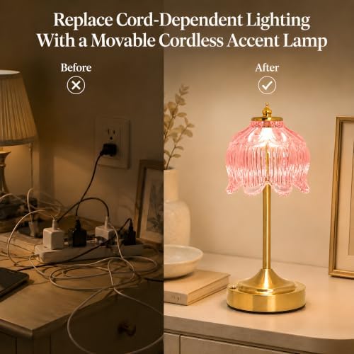 Lotus Flower Table Lamp, Cordless Rechargeable Amber Glass Bedside Lamp | 3600mAh Battery, Touch Control, 3 Color Modes & Stepless Dimming for Bedroom, Nightstand Pink 2PC - Image 6