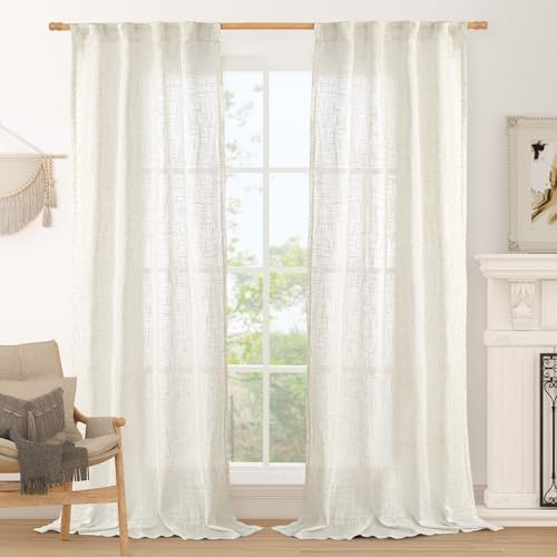 LAMIT Cream Linen Boho Curtains 84 inch Length 2 Panels, Semi Sheer Panels by LAMIT