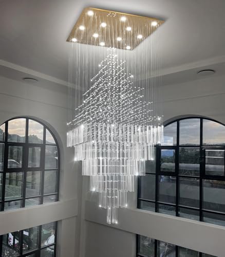 HAIXIANG W32 x H120 Glam Chandelier with LED Bulbs Square Chandeliers, Crystal Raindrop High Ceiling Pendant Light for Entrance Large Villa Foyer Lighting Fixtures Gold - Image 4