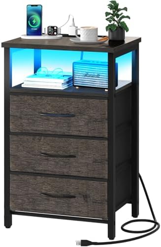 Yoobure Night Stand with Charging Station, 3 Fabric Drawers Nightstand, Bedside Tables with Storage Shelf, End Table with 16 Colors LED, Small Dresser for Small Space, Gray by Yoobure