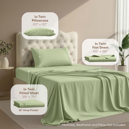 Twin Sheets Set, 3 Pieces 16" Deep Pocket Hotel Luxury Bed Sheets, Sage - Image 2