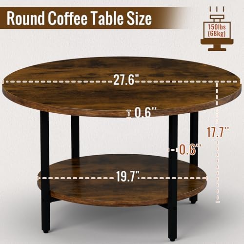 Coffee Tables for Living Room, 27.6" Round Coffee Table, Brown Coffee Table - Image 3