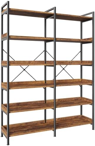 Huuger 6 Tier Bookshelf, Corner Bookshelf with 12 Open Shelves and Raised Baffle, 47.2 Inch Straight Wide Bookcase with Metal Frame and Wooden Board, Adjustable Feet, Rustic Brown by Huuger