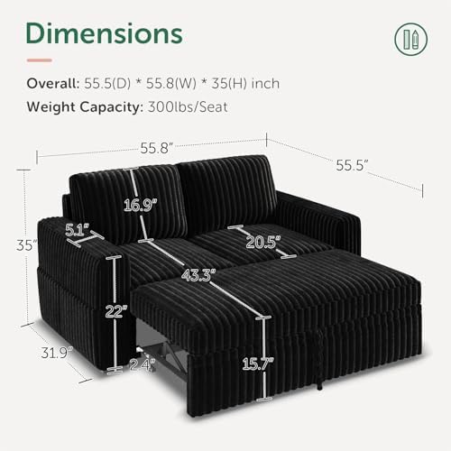 HONBAY Modular Pull Out Sofa Bed,Corduroy Loveseat, Couches for Living Room,Black - Image 2