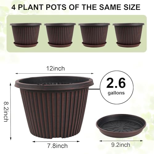 Large-Planter-Indoor-Outdoor Plant Pots, 12 inch 4 Pack Plastic Flower Pots with Saucer And Drainage Holes, Modern Garden Planters For Planting Medium Large Plants， Decorative Resin Garden Pots - Image 4