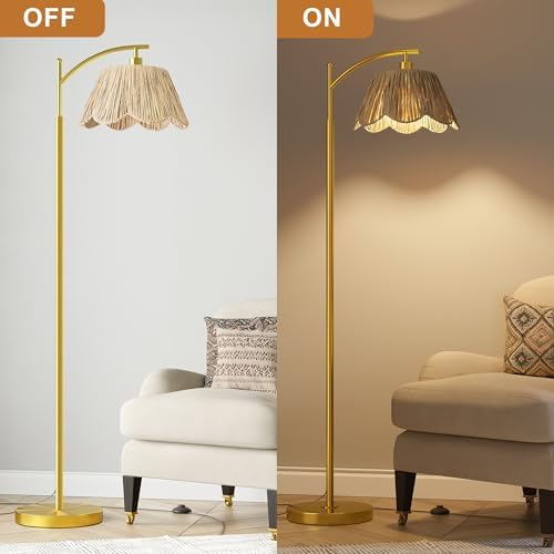 Oneach Arc Floor Lamp for Living Room,Rattan Boho Floor Lamp Decor with Hand-Woven Shade, Foot Switch,Gold Metal Base & Pole,Farmhouse Standing Lamp for Bedroom Corner,Reading - Image 5