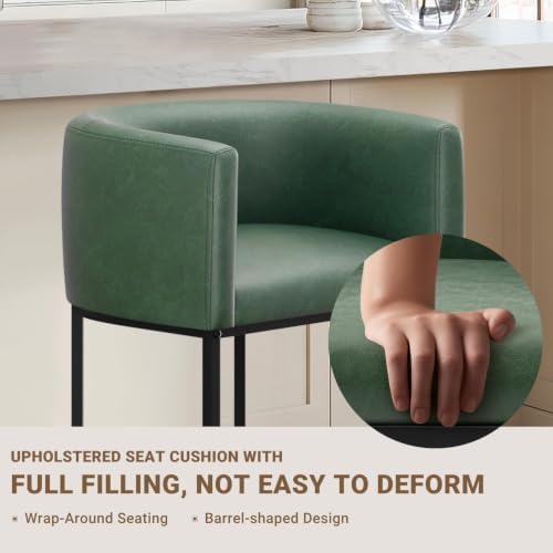 26" H Counter Height Bar Stools Set of 1, Modern Barrel Counter Stools with Backrest and Arms, Faux Leather Upholstered Accent Barstools for Kitchen Island,Support 450 LBS (Green) - Image 4