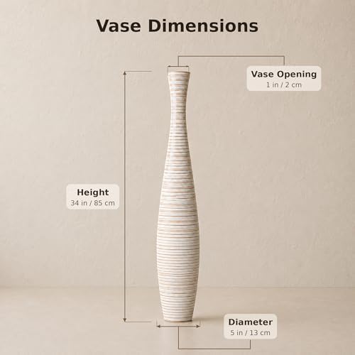 Leewadee Large White Wash Home Decor Floor Vase – Wooden 34 inches Tall Farmhouse Decor Flower Holder for Fake Plant and Pampas Grass - Image 3