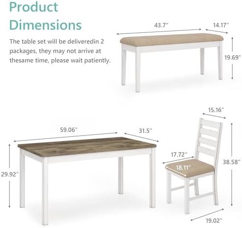 ROCSUMOO 6 Piece Farmhouse Dining Table Set with 4 Chairs and 1 Bench - Image 5