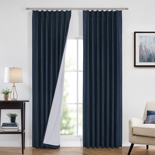 Vision Home Navy Blue Pinch Pleated Full Blackout Curtains Linen Blended Room Darkening Curtain Panels 84 inch for Living Room Bedroom Thermal Insulated Pinch Pleat Drapes with Hooks 40" Wx84 Lx2 by VisionHome