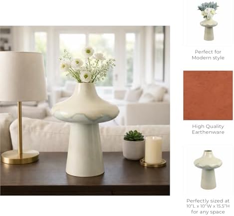Pedestal Vase for Home Decor - Ceramic Earthenware for Bathroom, Bedroom, Kitchen, and Living Room Centerpiece - Flower Pot Accent Display for Entryway and Office Hallway Styling - 16", Ivory & Blue - Image 5