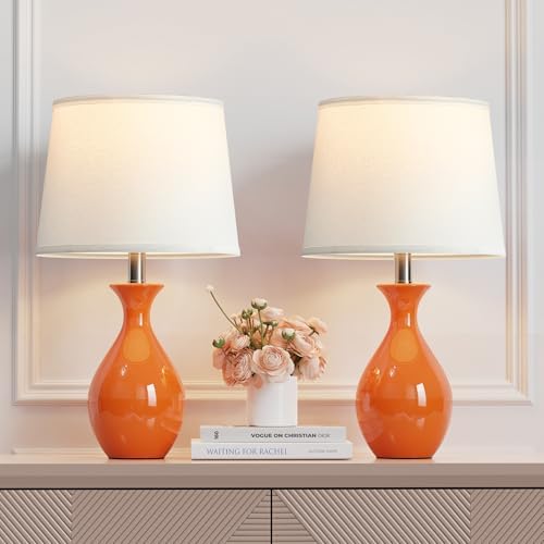 PARTPHONER Table Lamp Set of 2, Modern Ceramic Bedside Lamps for Night Stands, Classic Small Lamp Nightstand Lamp for Bedroom Living Room Desk End Table Rocker Swtich Orange by PARTPHONER