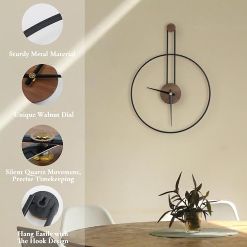 DRELIFAM Modern Wall Clock Large Wall Clocks with Walnut Dial Silent Non-Ticking for Living Room Home Decor Bedroom Kitchen Office 17.8''× 24.4'' (Black, Medium) - Image 5