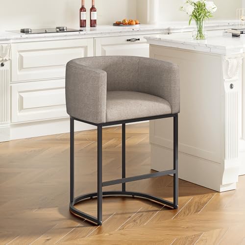 26" H Counter Height Bar Stools Set of 1, Modern Barrel Counter Stools with Backrest and Arms, Linen Fabric Upholstered Accent Barstools for Kitchen Island,Support 450 LBS (Sand) by VATROS