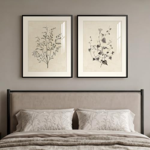 Framed Vintage Neutral Botanical Wall Art for Bedroom, 2 Piece 16x20 In by Cuspin