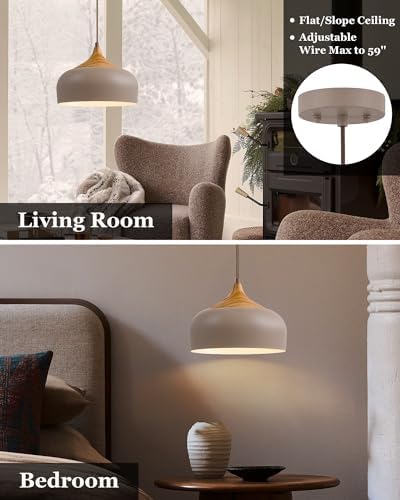 ELYONA 12" Japandi Pendant Light, Farmhouse Pendant Light Fixture with Faux Pine Wood Grain Metal Shade, Adjustable Hanging Light for Kitchen Island Dining Room Bedroom Sloped Ceiling, Caramel Brown - Image 5