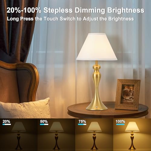 Cordless Table Lamp Rechargeable, Battery Night Light Fabric Shade, Brass - Image 5