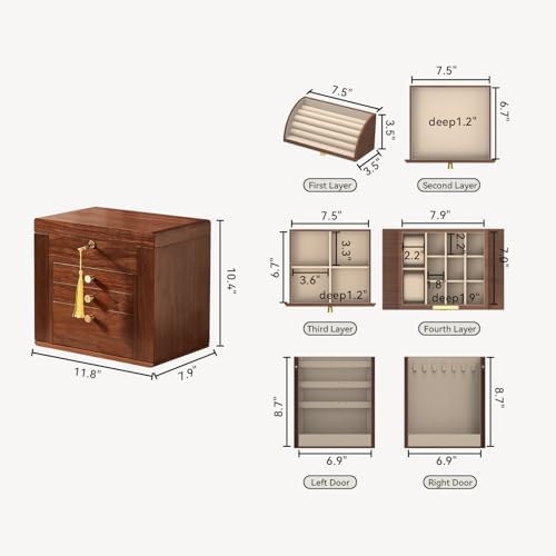 CHOSIN Black Walnut Wooden Jewelry Box for Women with Lock, Mirror, 4 Layer - Image 3
