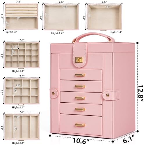 AKOZLIN 6-Tier Jewelry Box Organizer 5 Drawers Storage Pink Large - Image 6