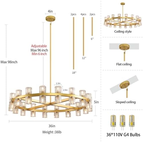 36" K9 Crystal Chandeliers, Gold Round Chandelier for Dining Room, Living Room, Dining Chandelier Over Table, Sutable for Bedroom,Foyer, Entryway, Stairs, Kitchen Includes Bulbs - Image 3