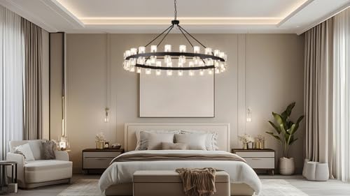 48 Inch Black Wagon Wheel Chandelier with Crystal Shade, 48 Lights, Modern Farmhouse Style, Ideal for Dining Room, Kitchen, Entryways - Image 6