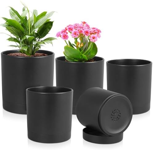 Meowell 7/6.5/6/5/4 inch Plant Pots for Small Indoor Outdoor Plants, 5 Pack Cylinder Flower Pots with Drainage Holes and Saucers, Plastic Planters for Garden Succulent House Plants, Black by Meowell