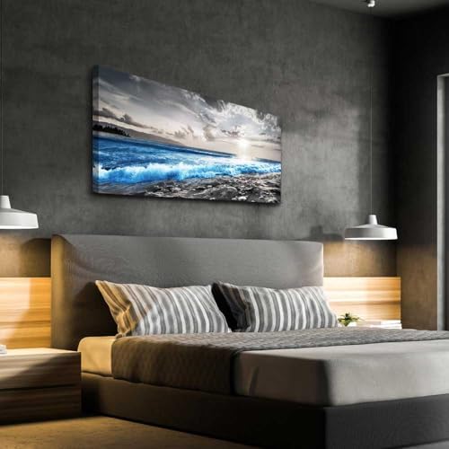 hyidecorart Wall Decor For Living Room Framed Canvas Wall Art For Office Bedroom Decorations Blue Ocean Wall Painting Black and White Beach Pictures Artwork Modern Mural Home Walls Decor - Image 3