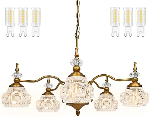 Montex Gold Brass Chandelier, 5 Light Vintage Crystal Glass Pendant Fixture - Image 2