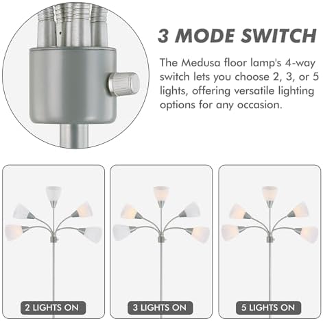 Medusa Modern Decor Floor Lamp, 5 Head Adjustable Gooseneck Lamps for Reading, White Shades Multiple Tall Standing Lamps for Living Room Bedroom Office Kids Classroom, Silver, Bulbs Included - Image 3