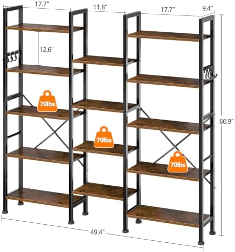Furologee Triple 5 Tier Bookshelf, Industrial Book Shelf Book Case, Wide Bookcase with 14 Display Shelves for Living Room, Home Office, Rustic Brown - Image 3
